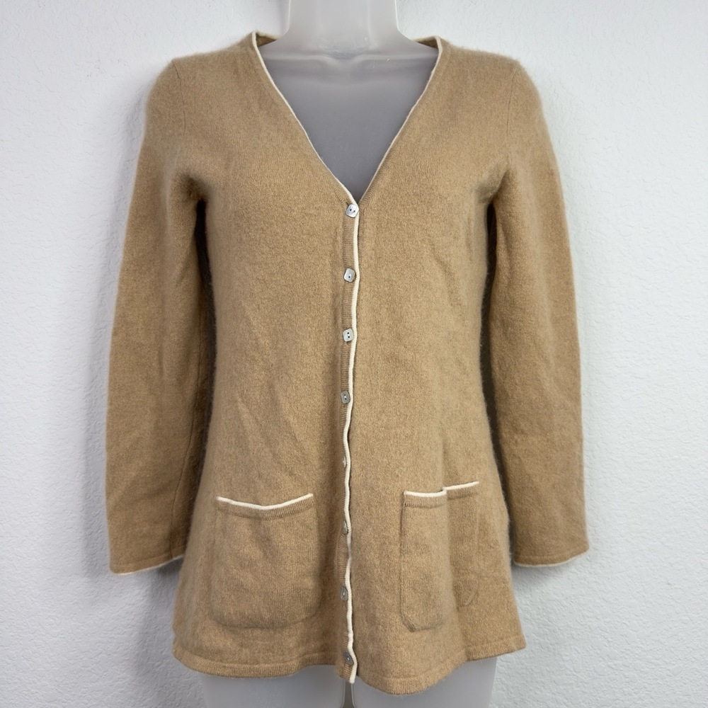 Lauren Hansen Sweater Women M Brown Cashmere Elbow Patch Preppy Neutral Cardigan